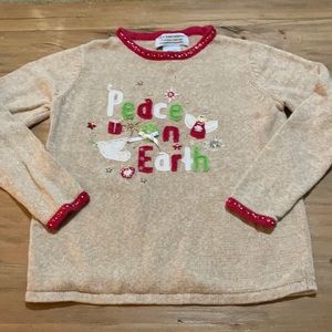 Ugly Christmas Sweater Tiara International beaded Peace on Earth tan small